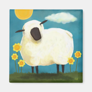 Fluffy Schaap & Gele Bloemen Kunstmagneet Magneet