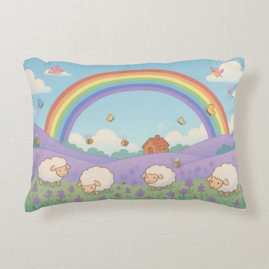 Fluffy Schaap Lavendelveld Regenboog Kunst Accent Kussen (Voorkant)