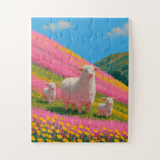 Fluffy Schapenfamilie in Roze Wildebloemenheuvels Legpuzzel
