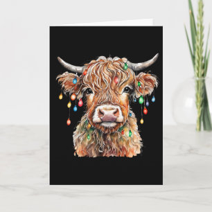 Fluffy Schotse Koe Met Kerstverlichting Kerstmis  Kaart