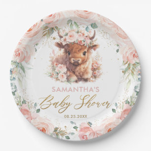 Fluffy Schotse Koe Roze Bloem Baby Borrel Papieren Bordje