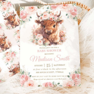 Fluffy Schotse Koe Roze Blush Bloemenkraamfeest Kaart
