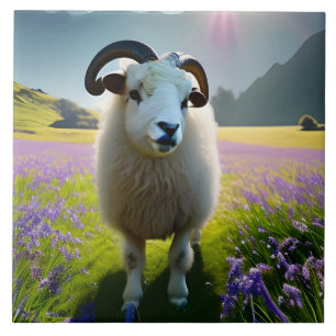 Fluffy Sheep field of purple bloemen Tegeltje