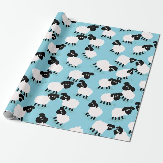 Fluffy Sheep op Baby Blue Cadeaupapier (Uitgerold)