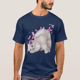Fluffy White Kitten omgeven door roze bloemen en b T-shirt