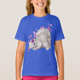 Fluffy White Kitten omgeven door roze bloemen en b T-shirt