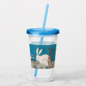 Fluffy White Rabbit onder Flowers Blue Acryl Drinkbeker (Achterkant)