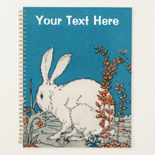 Fluffy White Rabbit Sitting in Flowers Blue Planner
