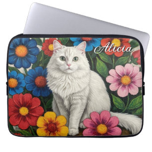 Fluffy Witte Kat en Volkskunst Bloemen Laptop Sleeve