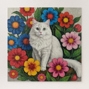 Fluffy Witte Kat en Volkskunst Bloemen Legpuzzel
