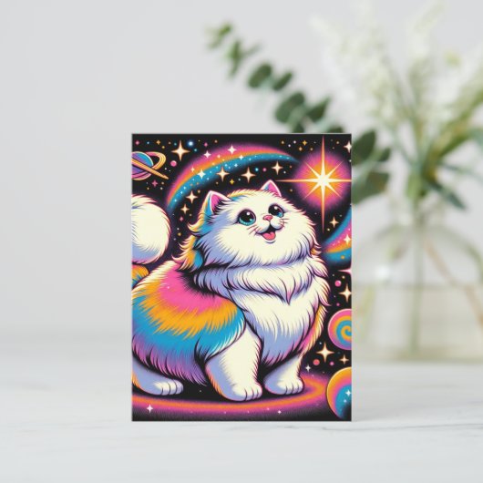 Fluffy witte kat in de ruimte briefkaart (Staand voorkant)