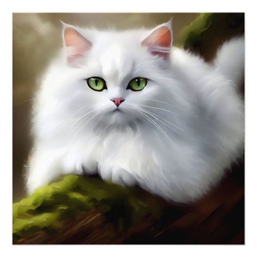 Fluffy witte kat schilderij foto afdruk (Voorkant)