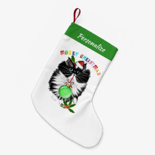 Fluffy Zwart-Wit Kat Kerstman Hoed Kerstmis Kleine Kerstsok