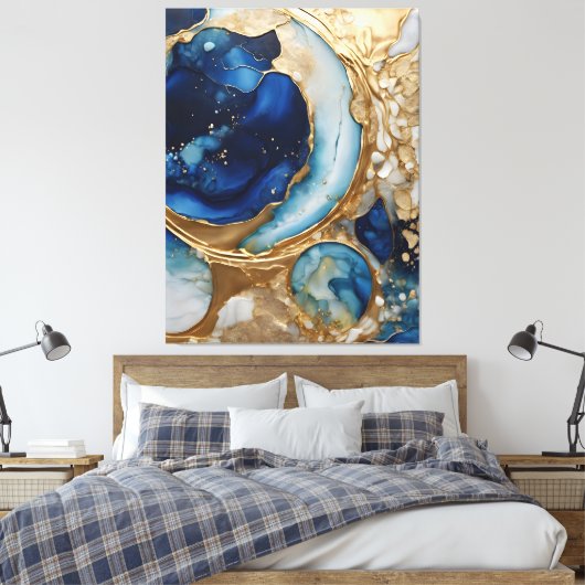 Fluid Abstract Gold-Navy Beach Canvas Afdruk (Insitu (Slaapkamer))