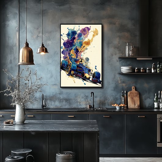 Fluid Ink Formula Car – Blue and Gold Abstract Poster