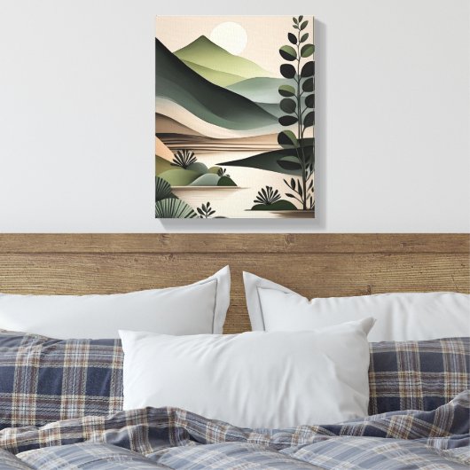 Fluisteren van Groen: Minimalistische Boho Art Canvas Afdruk (Insitu (Slaapkamer))