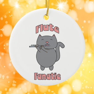 Fluit Fanatieke Muzikale Grijze Kat Roze Keramisch Ornament