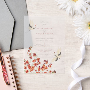 Fluitende Vogels Lente Bloemen Bruiloft Vellum Uitnodigingen