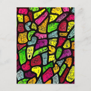 Fluorescerende Cartoon Grappige Gezichten Tekening Briefkaart