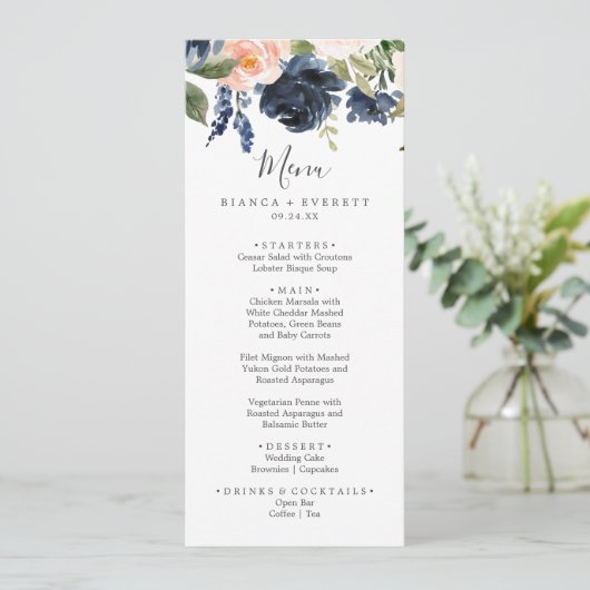 Flush et Navy Flowers | Menu du dîner Mariage blan (Debout devant)