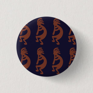 Flute die Kokopelli Cijfer afspeelt - Blauw op Rus Ronde Button 3,2 Cm