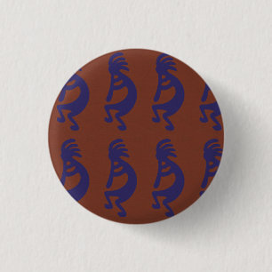 Flute die Kokopelli Cijfer afspeelt - Blauw op Rus Ronde Button 3,2 Cm