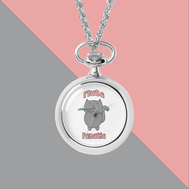 Flute Fanatic Gray Cat Funny Horloge (A watch necklace with a cute gray cat and the text flute fanatic in pink.)