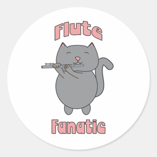 Flute Fanatic Pink Gray Cat Ronde Sticker (Voorkant)
