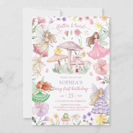 Flutter and Twirl Fairy First 1st Birthday Kaart (Voorkant)