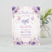 Flutter vlinder bloem Paarse verjaardagsfeestje Kaart (Staand voorkant)