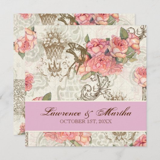 Flutterbyes 'n Rozen Elegante bruiloft - Pink-Lav Kaart (Voorkant / Achterkant)