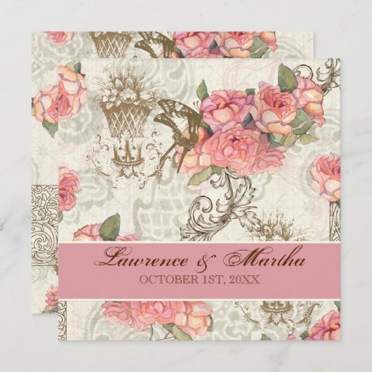 Flutterbyes 'n Rozen Elegante bruiloft - Roze Kaart (Voorkant / Achterkant)