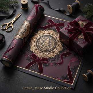 Fluwelen Boog & Gouden Filigraan Kerstboom Cadeaupapier