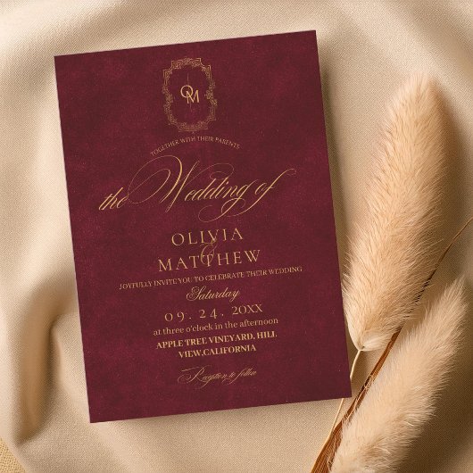 Fluwelen Bruiloft Burgundy Script Kaart
