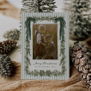 Fluwelen strik en strepen Kerst fotokaart groen Feestdagenkaart