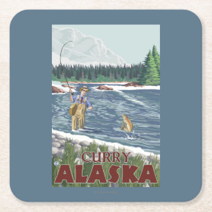 Fly Fisherman - Curry, Alaska Vierkante Kartonnen Onderzetter