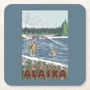 Fly Fisherman - Fairbanks, Alaska Vierkante Kartonnen Onderzetter