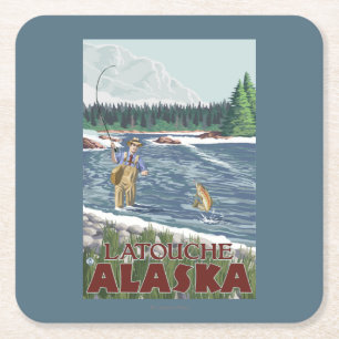 Fly Fisherman - Latouche, Alaska Vierkante Kartonnen Onderzetter