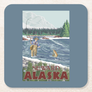 Fly Fisherman - Seward, Alaska Vierkante Kartonnen Onderzetter