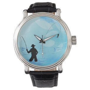 Fly Fishing Fisherman Zwart  Lederen Horloge