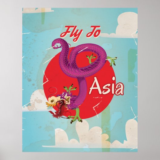 Fly to Asia Vintage Travel Poster (Devant)