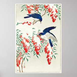 Flycatchers op Nandina Struik door Ohara Koson Poster