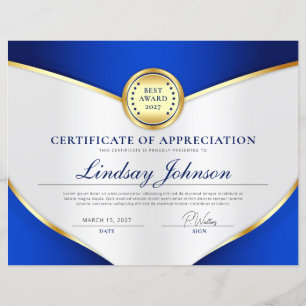 Flyer de certificat d'appréciation bleu riche et o