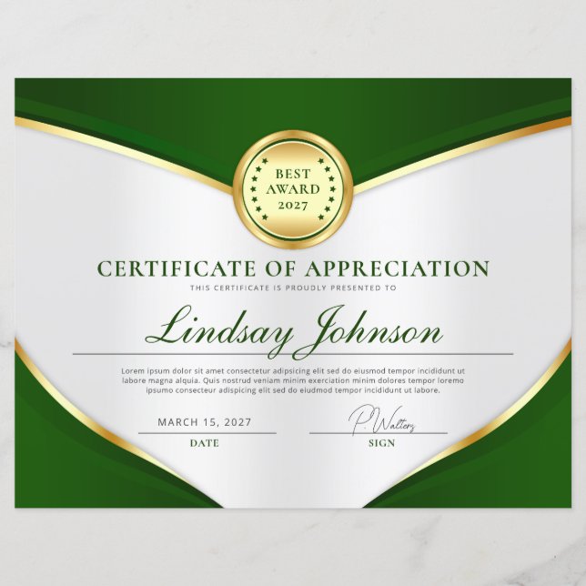 Flyer de certificat d'appréciation vert et or (Devant)