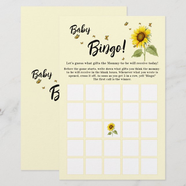 Flyer de jeu de bingo bébé tournesol avec papillon (Devant / Derrière)