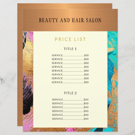 Flyer promotionnel du menu du service du salon de  (Devant / Derrière)