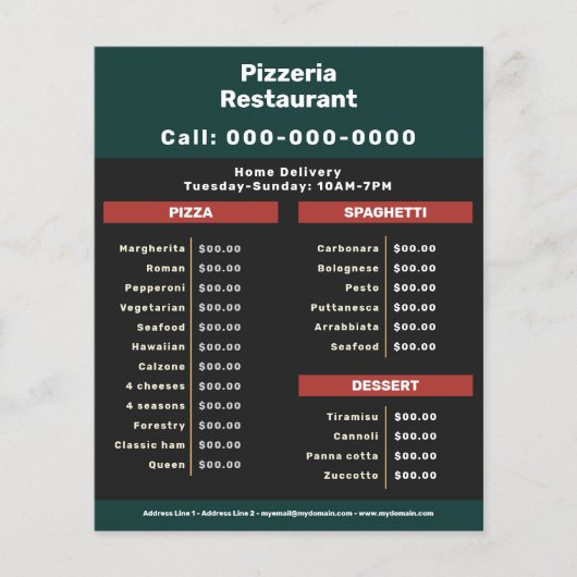 Flyer voor pizzarestaurant menu & prijzenlijst (Voorkant)