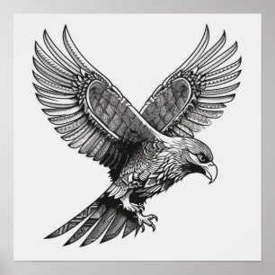 Flying Bald Eagle Black and White Art, Heart Wings Poster