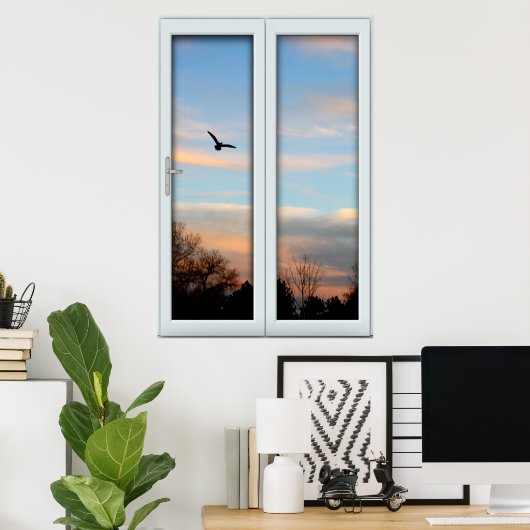 Flying Bird Silhouette Window with a Uitzicht Illu Poster (Thuiskantoor)