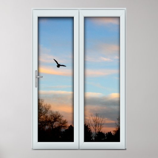 Flying Bird Silhouette Window with a Uitzicht Illu Poster (Voorkant)